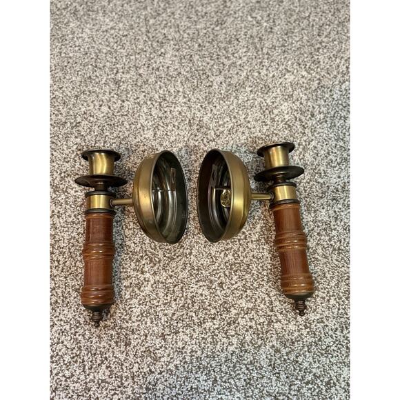 Vintage Set Of Wooden Brass Metal Wall Hanging Candle Sconces Holders Cottage - Picture 3 of 8